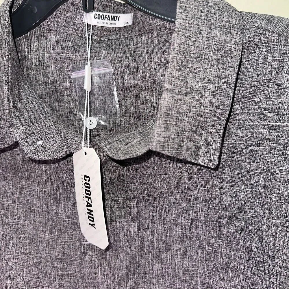 Coofandy Mens Grey Woven Linen Blend Casual Button up Short Sleeve Shirt 3XL